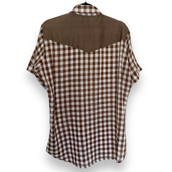 60s 70s Brown White Check Plaid Pearl Snap Short Sleeve Shirt Double Yoke Pocket - Picture 2 of 4